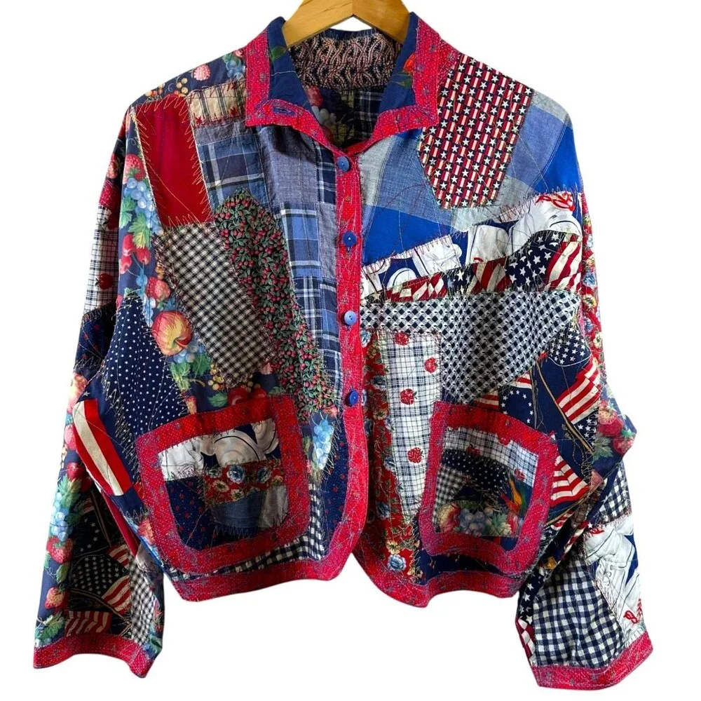 Vtg Kay Louise OOAK Red White Blue Patchwork Cotton Jacket Boho Handmade M/L - Picture 2 of 6